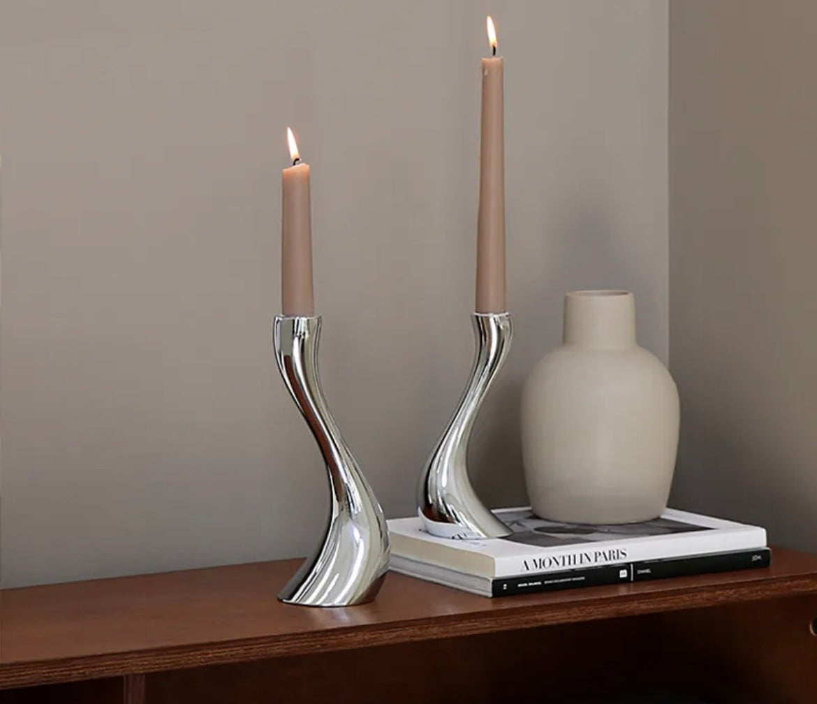 Solvi Candleholders, Mirror polished stainless steel, Set of 2 (Small, Medium) with Candles