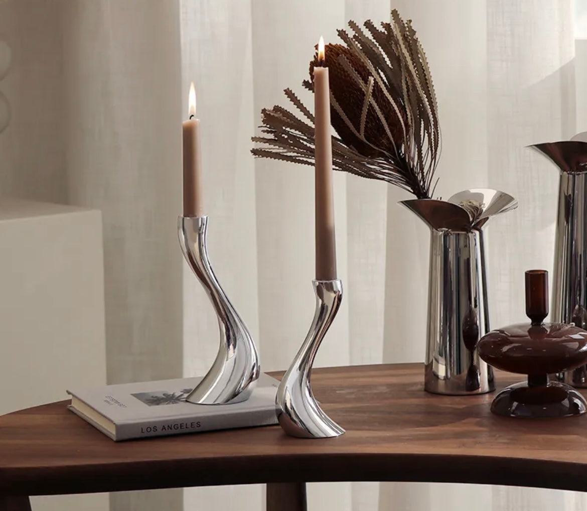 Solvi Candleholders, Mirror polished stainless steel, Set of 2 (Medium, Large) Home Decor with two Candles