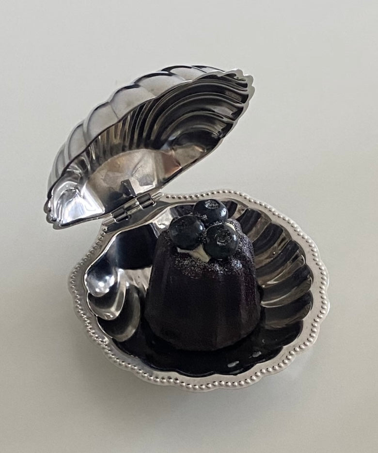 Silver shell-shaped jewelry box with a black interior on a light gray background
