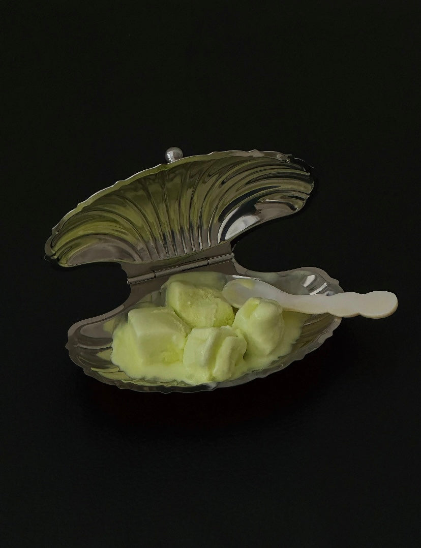 Clam shell container with ice cubes on a black background
