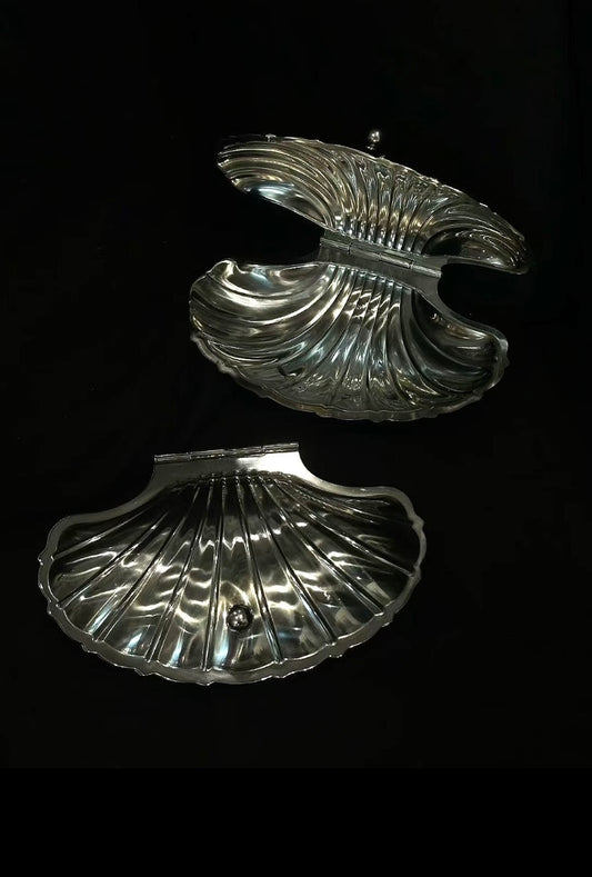 Two silver shell-shaped objects on a black background